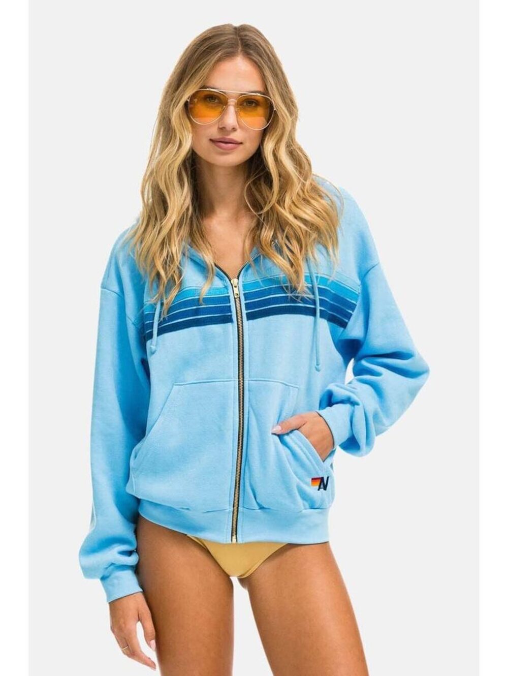 Aviator Nation Blue 5 Stripe Full Zip Up Hoodie XL